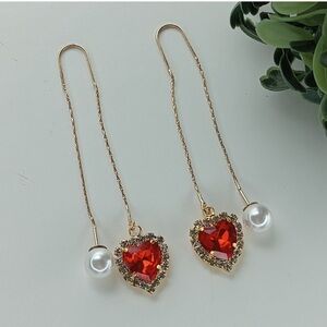 Gold Plated Red Heart Drop Earrings with Pearl • Elegant & Festive